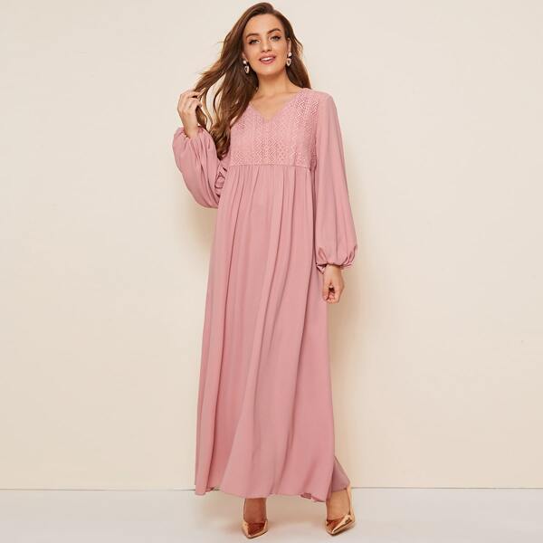 

Lantern Sleeve Lace Bodice Smock Dress, Pink pastel