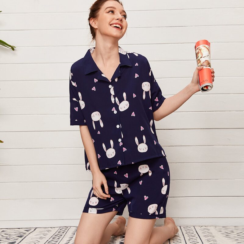 

Cartoon & Heart Print PJ Set, Navy blue