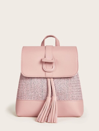 Tassel Decor Drawstring Flap Backpack