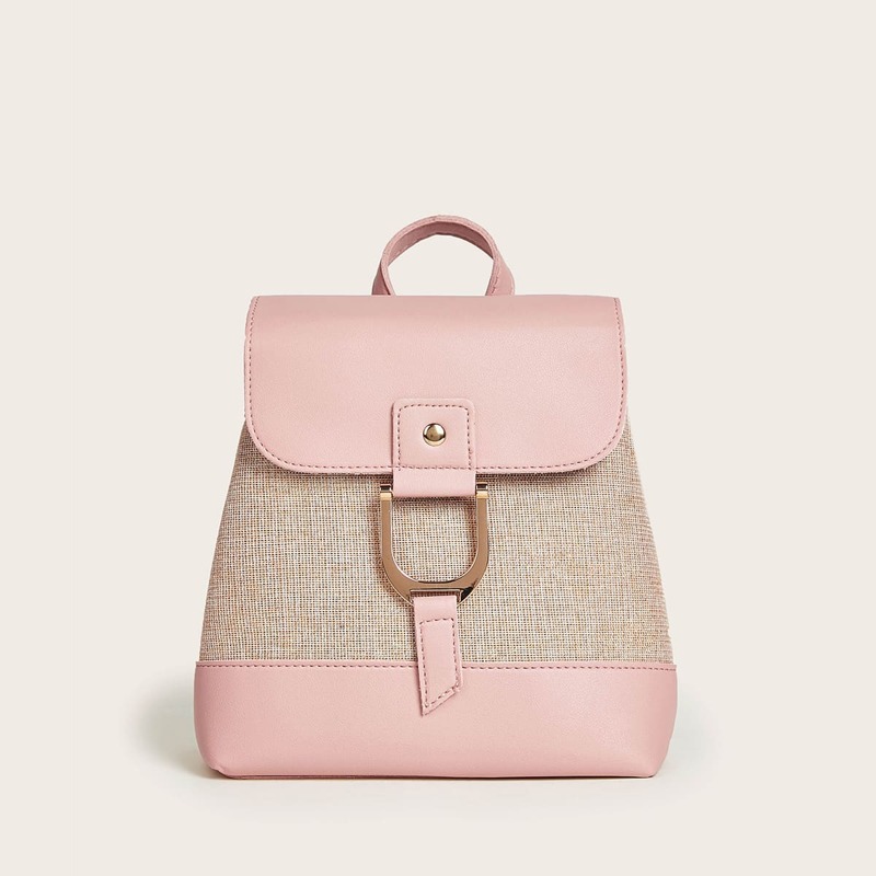 

Metal Decor Colorblock Flap Backpack, Pink
