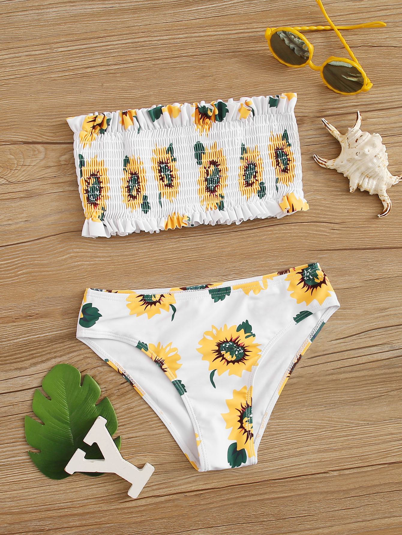 yellow smocked bandeau bikini