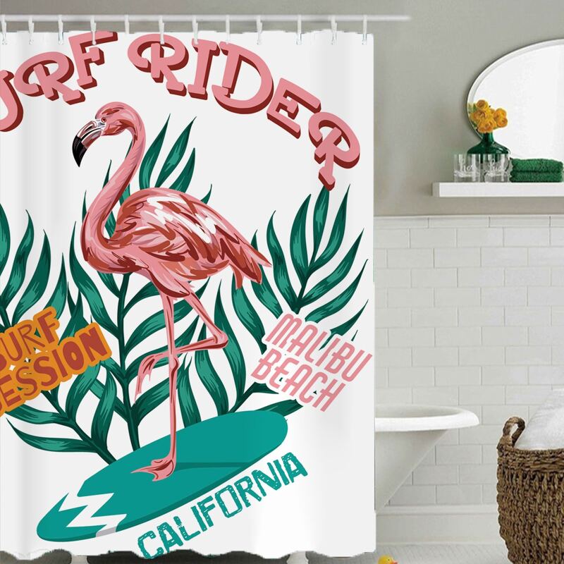 

1pc Flamingo Print Shower Curtain With 12hooks, Multicolor