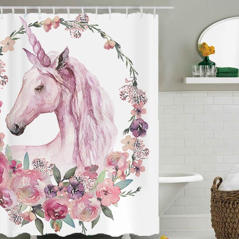 

1pc Unicorn Print Shower Curtain With 12hooks, Multicolor