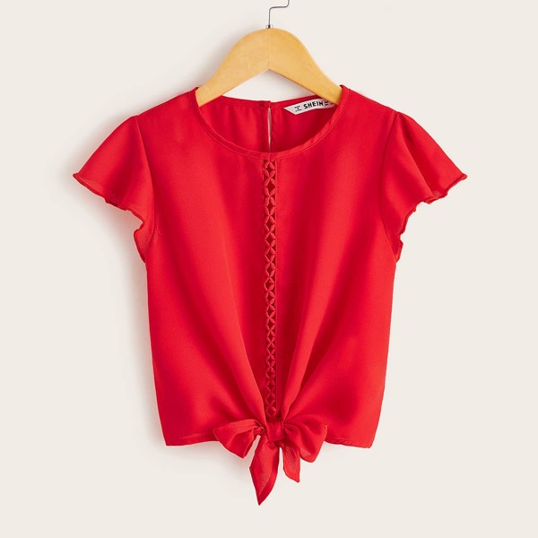 

Girls Guipure Lace Insert Knot Hem Top, Red bright