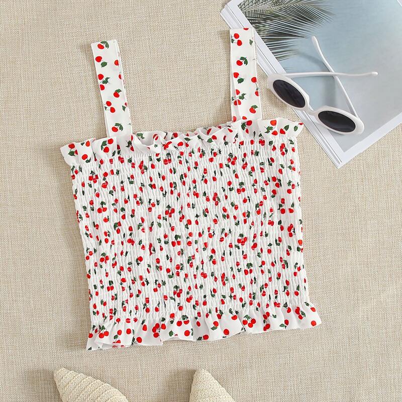 

Cherry Print Frill Trim Shirred Top, Multicolor