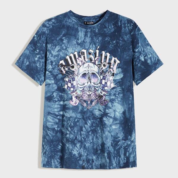 

Men Letter and Skull Print Tie Dye Top, Blue