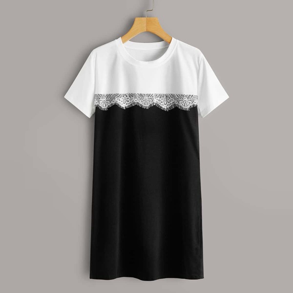 

Two Tone Eyelash Lace Trim Tee Dress, Black