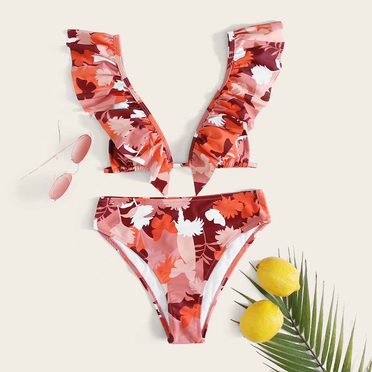 

Leaf Print Ruffle Bikini Swimsuit, Multicolor