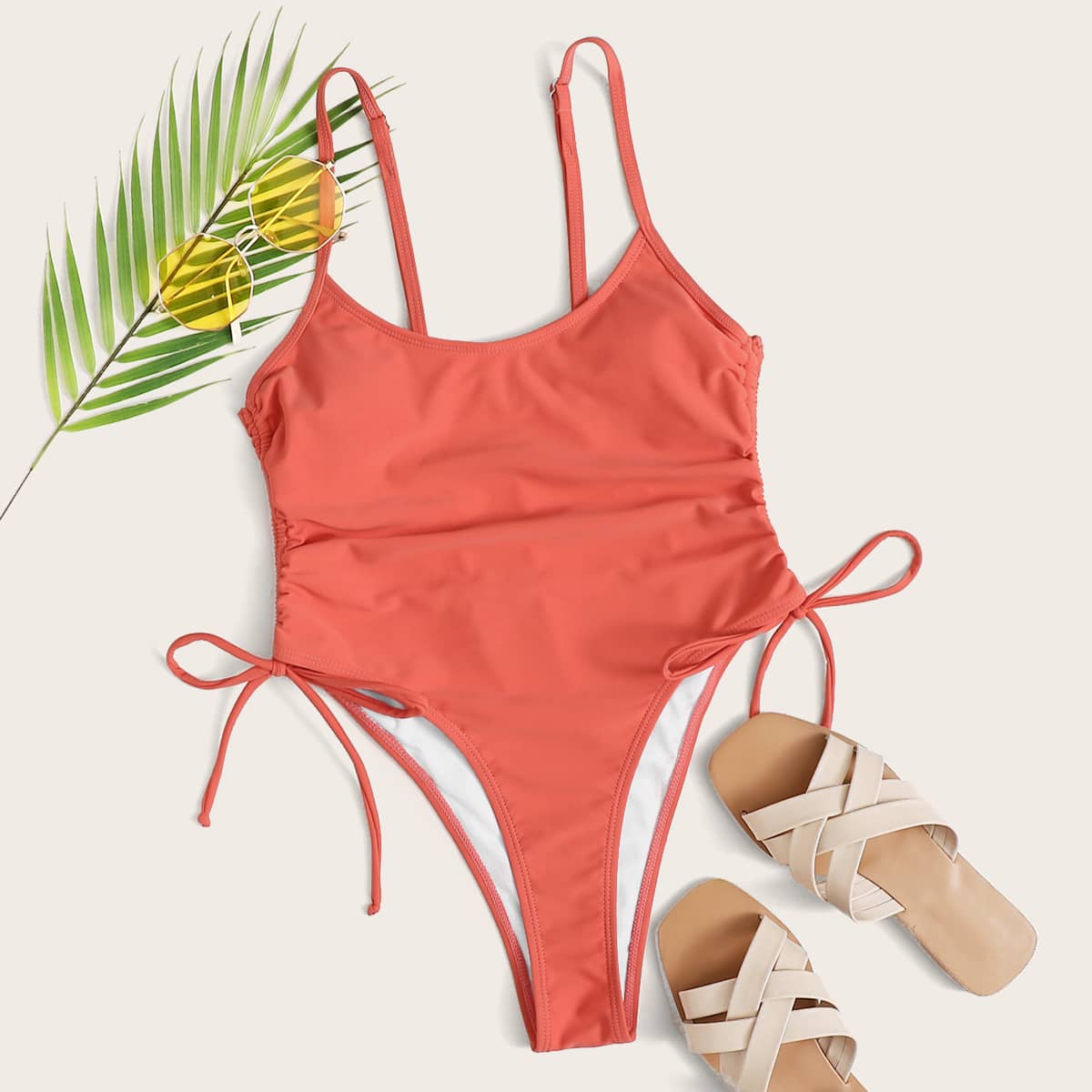 

Drawstring Side High Leg One Piece Swimsuit, Red