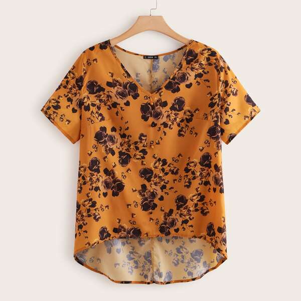 

Plus Covered Button Front High Low Hem Floral Top, Yellow