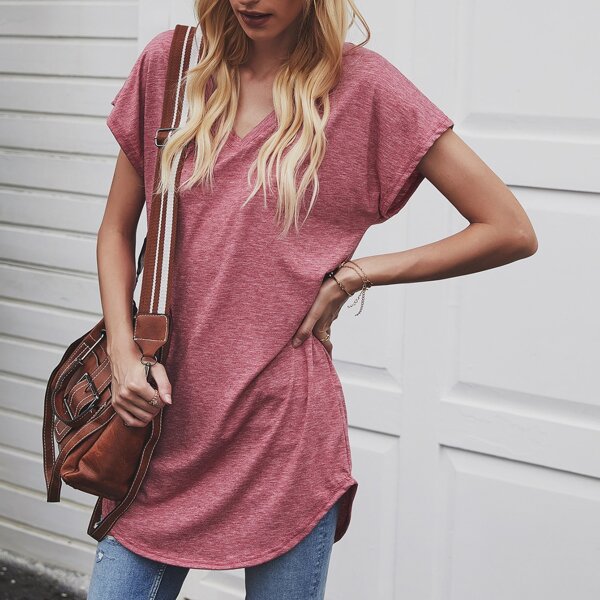 

V-neck Space Dye Curved Hem Dress, Pink