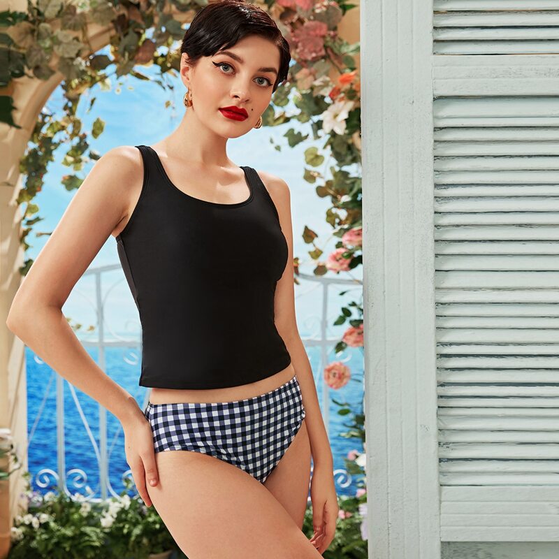 

Gingham Pattern Bikini Swimsuit, Black