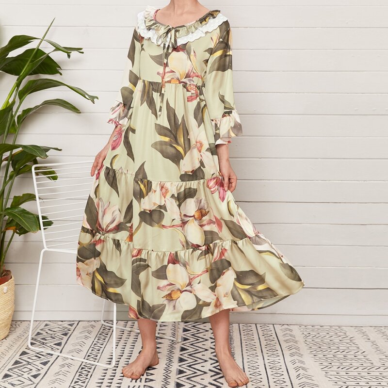 

Plants Print Tie Neck Babydoll Night Dress, Green