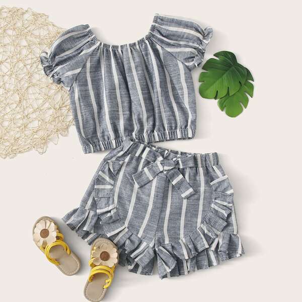 

Toddler Girls Striped Blouse & Tie Front Ruffle Trim Shorts, Grey