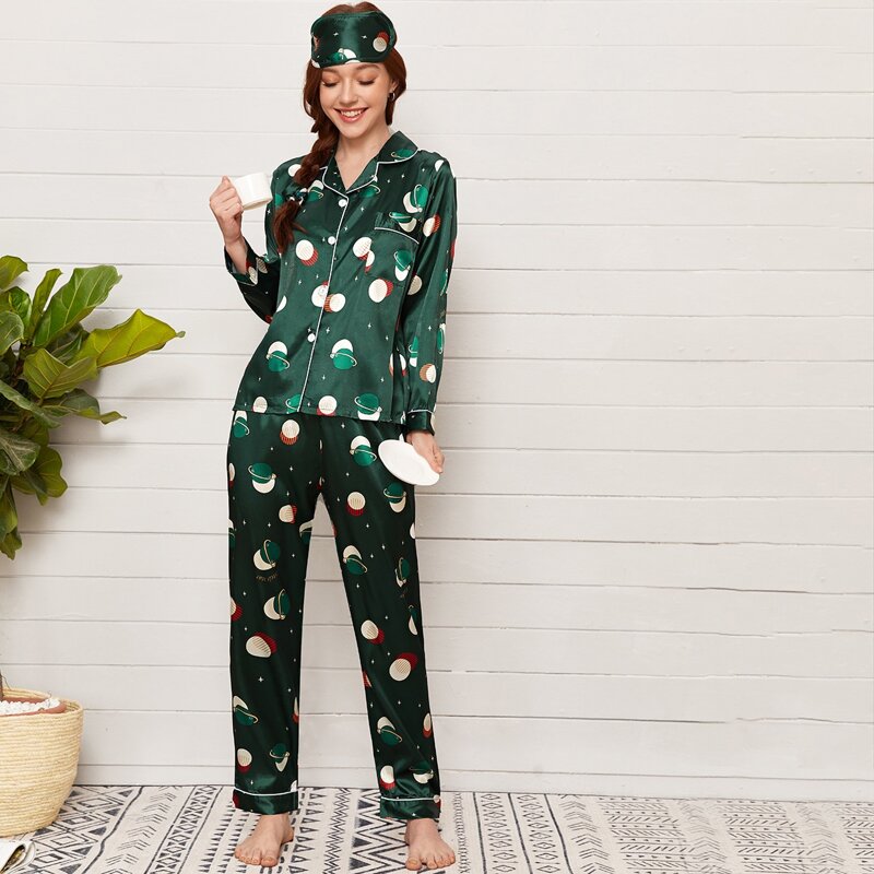 

7pcs Planet And Letter Graphic Satin PJ Set, Green