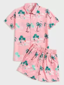 Manfinity Chillmode Men Tropical And Letter Graphic Shirt & Drawstring Waist Shorts - Pink - View 1