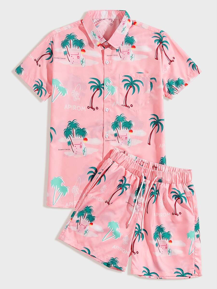 Manfinity Chillmode Men Tropical And Letter Graphic Shirt & Drawstring Waist Shorts - Pink - View 1