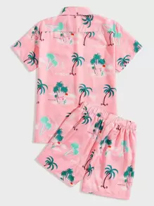 Manfinity Chillmode Men Tropical And Letter Graphic Shirt & Drawstring Waist Shorts - Pink - View 2