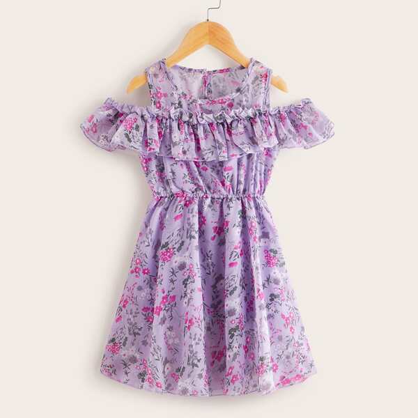 

Toddler Girls Floral Print Cold Shoulder Ruffle Trim Chiffon Dress, Purple