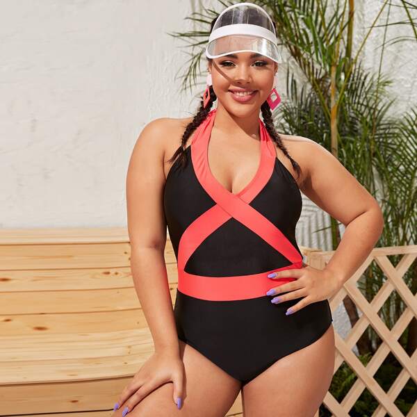 

Plus Color Block Halter One Piece Swimsuit, Black