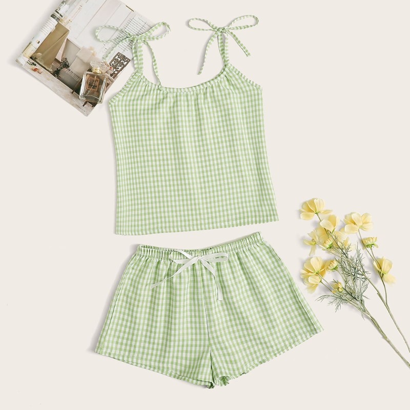 

Tie Shoulder Gingham Cami PJ Set, Green