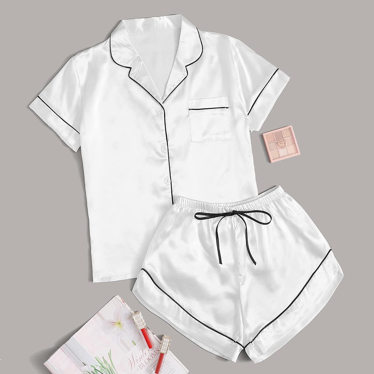 

Contrast Binding Tie Front Satin PJ Set, White