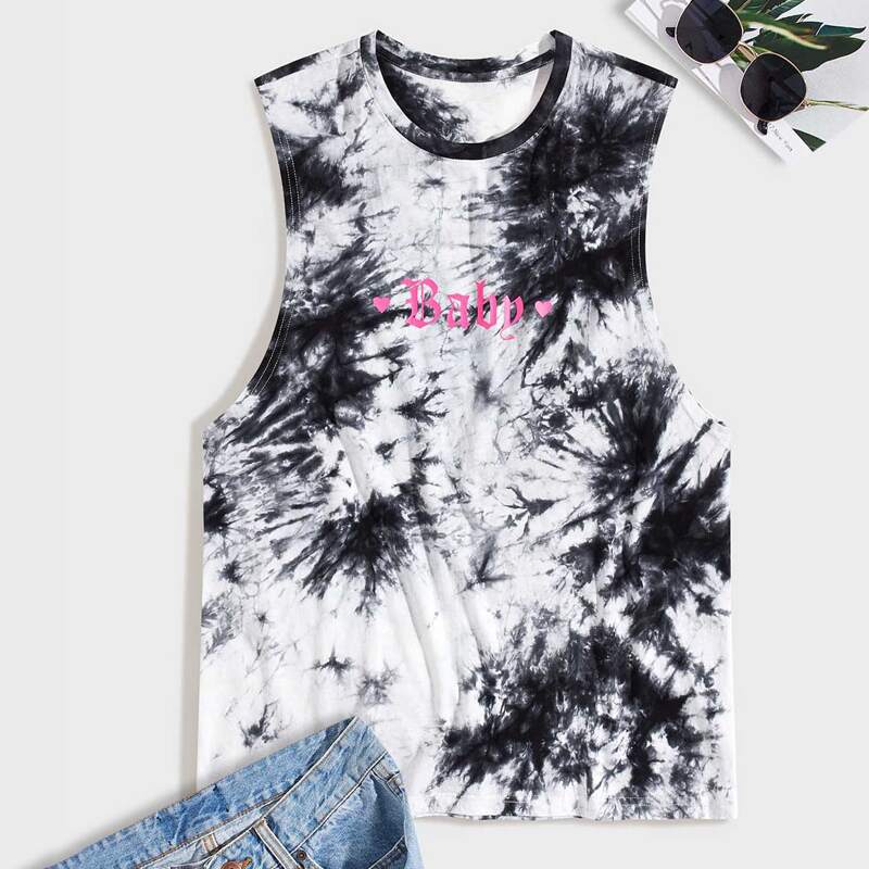 

Guys Tie Dye Letter Graphic Tank Top, Black and white