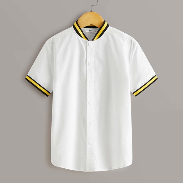 

Boys Striped Trim Stand Collar Shirt, White