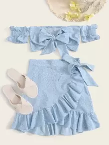 Soleia Tie Front Shirred Back Bardot Top and Ruffle Skirt Set - Blue - View 1
