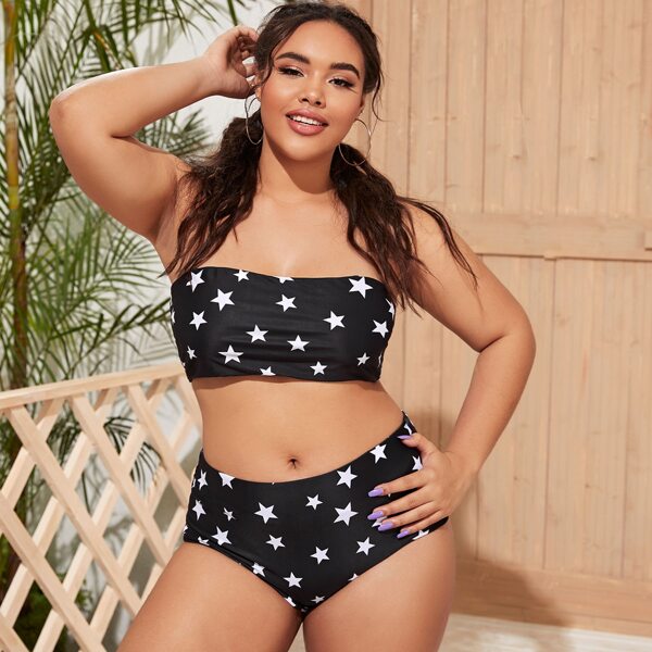 

Plus Star Print Halter High Waisted Bikini Swimsuit, Black