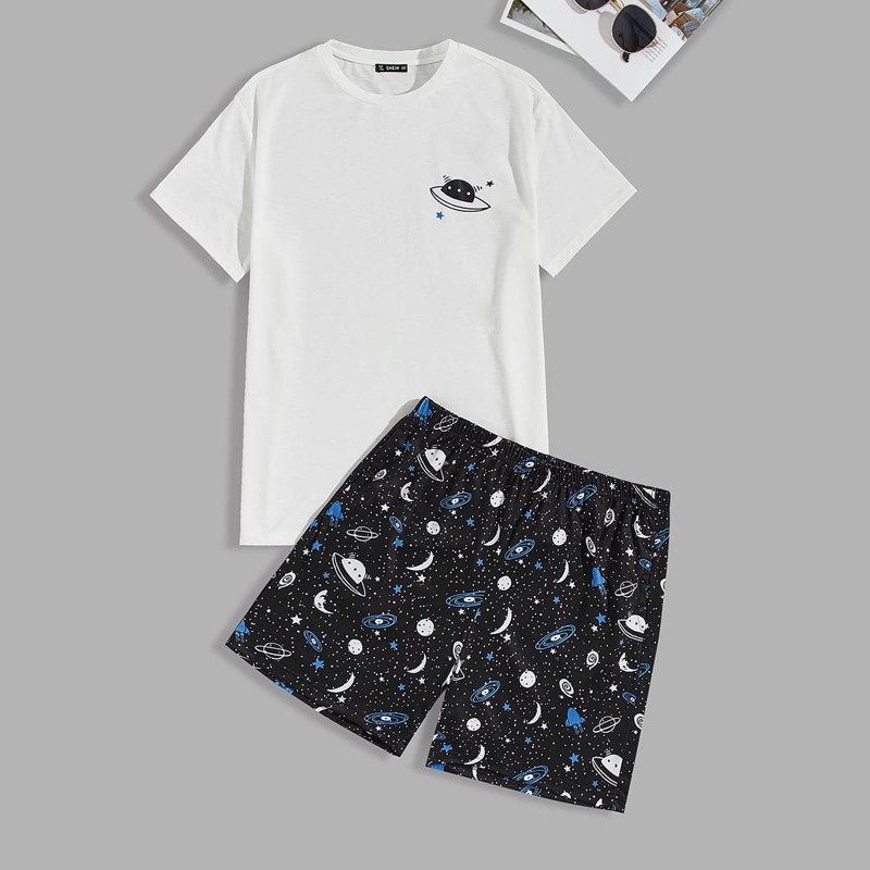 

Guys Round Neck Tee and Galaxy Print Shorts PJ Set, Black and white