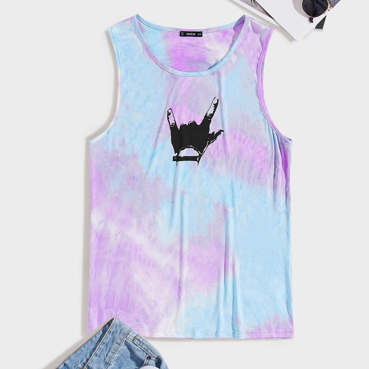 

Guys Gesture Print Tie Dye Tank Top, Multicolor