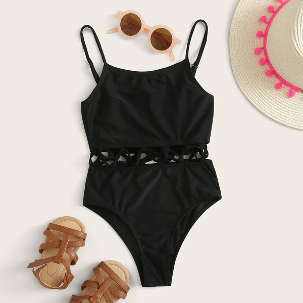

Girls Lattice One Piece Swimsuit, Black