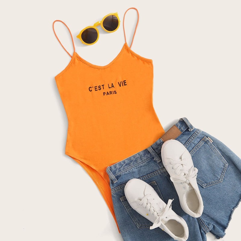 

Slogan Graphic Cami Bodysuit, Orange bright