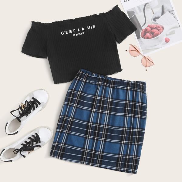 

Off Shoulder Rib-knit Slogan Graphic Top & Tartan Skirt Set, Multicolor