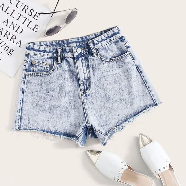 

Light Wash Raw Hem Denim Shorts, Blue