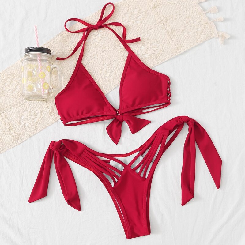 

Ladder Cut-out Halter Tie Side Bikini Swimsuit, Red