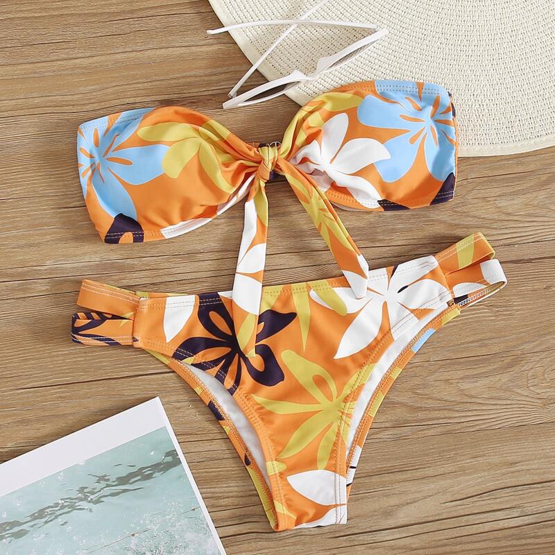 

Floral Knot Front Bandeau Cheeky Bikini Swimsuit, Multicolor