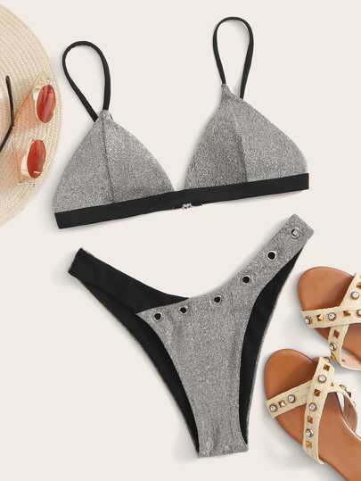 Glitter Eyelet Detail Triangle Bikini Swimsuit
