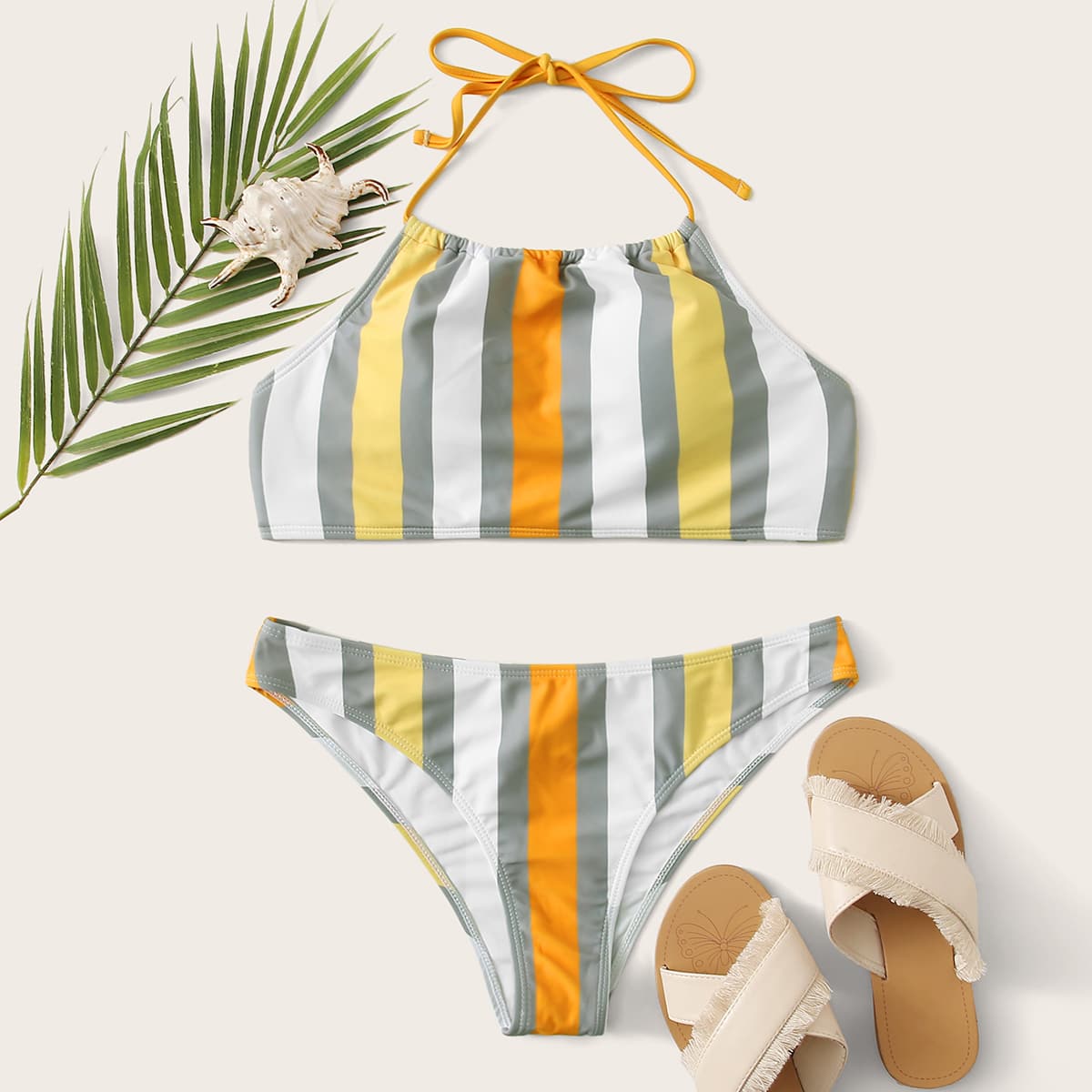

Striped Halter Bikini Swimsuit, Multicolor
