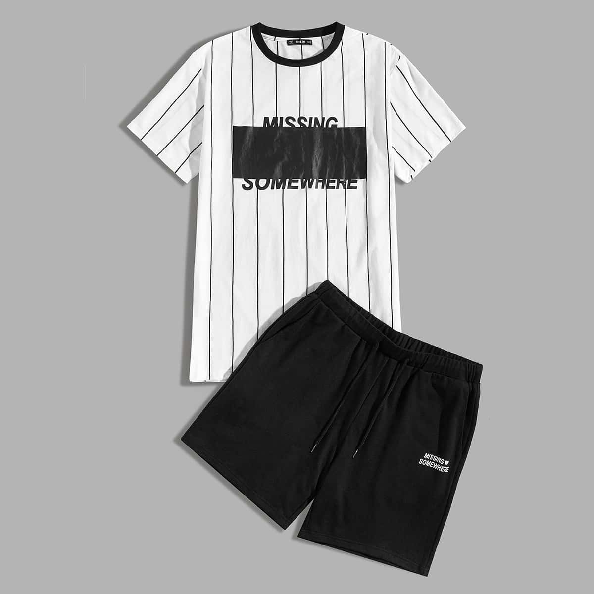

Guys Slogan Graphic Striped Tee & Sweat Shorts Set, Black and white