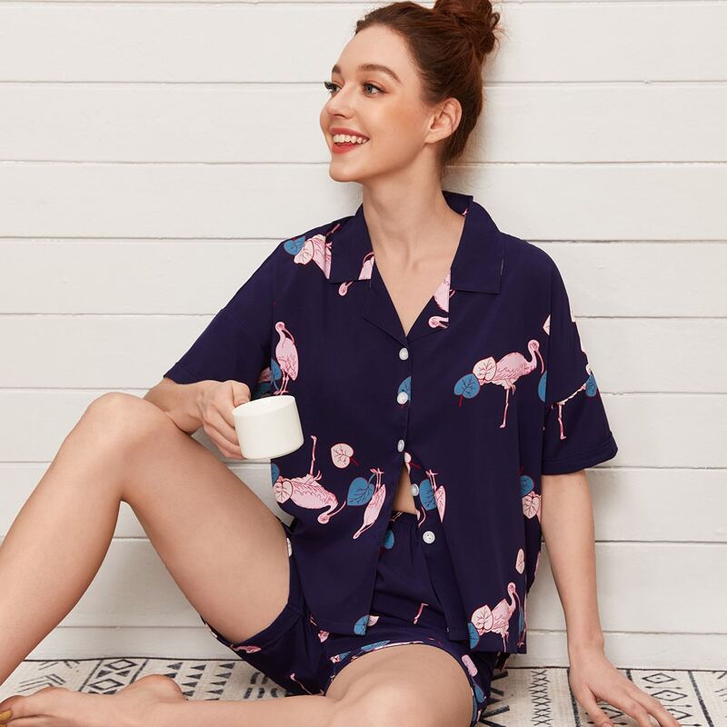 

Flamingo Print Lapel Neck PJ Set, Navy blue