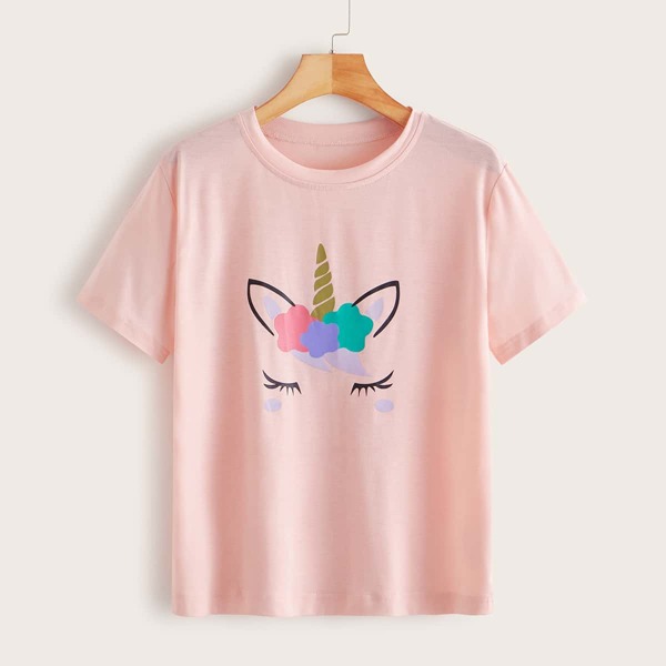 

Unicorn Print Short Sleeve Tee, Pink