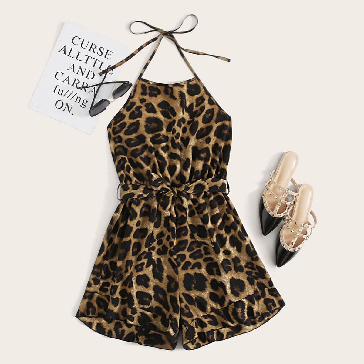 

Leopard Halter Tie Back Belted Romper, Multicolor