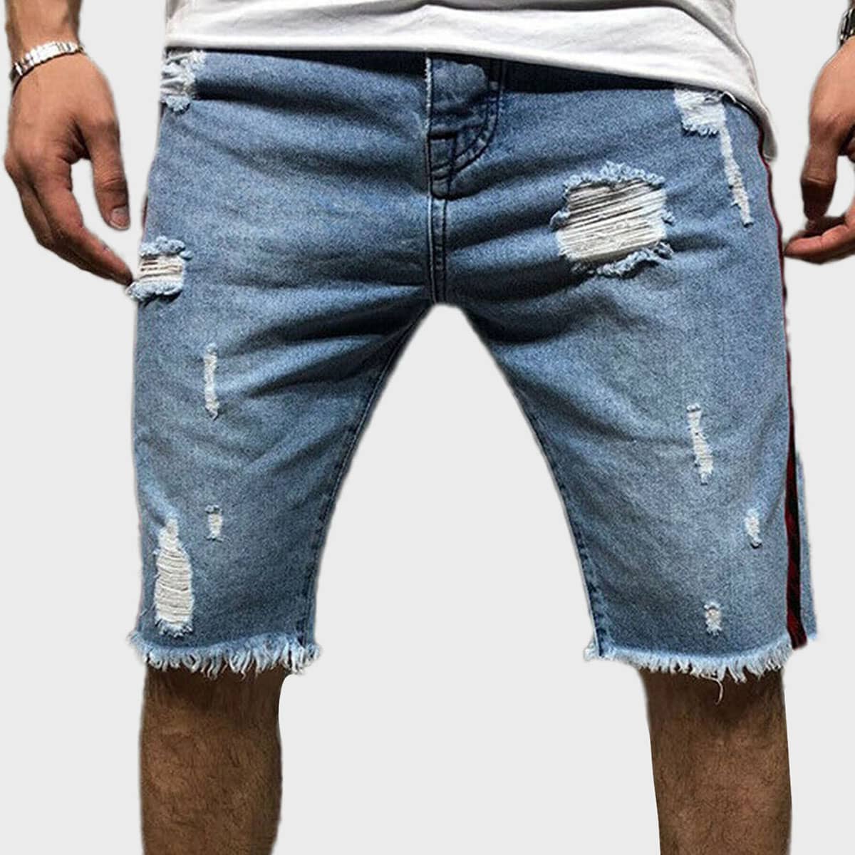 

Guys Tape Side Ripped Denim Shorts, Blue