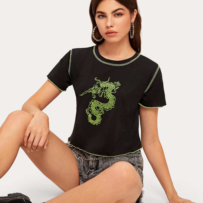 

Dragon Graphic Stitching Tee, Black