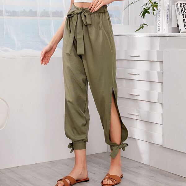 

Tie Front Split Thigh Knotted Hem Pants, Army green