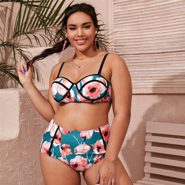 

Plus Floral Underwire High Waisted Bikini Swimsuit, Multicolor