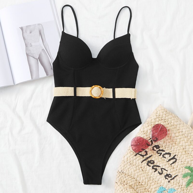 

Rib Underwire One Piece Swimsuit, Black