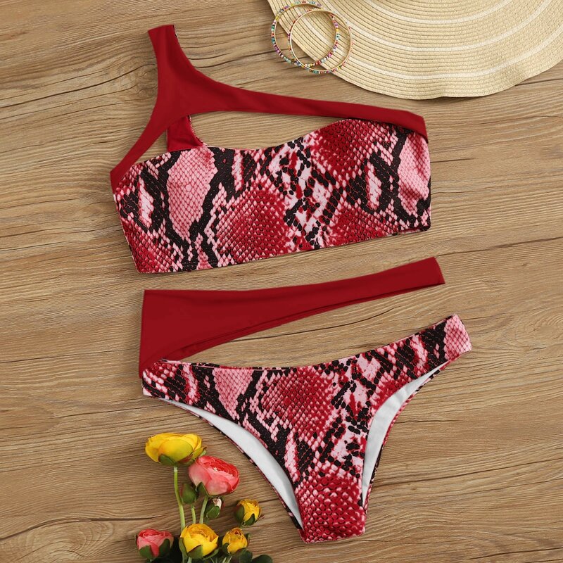 

Snakeskin Cut-out One Shoulder Bikini Swimsuit, Red
